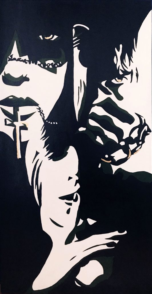 trois portrait en haut contraste avec couteau, croix et chaine. Illustrtation symbolique